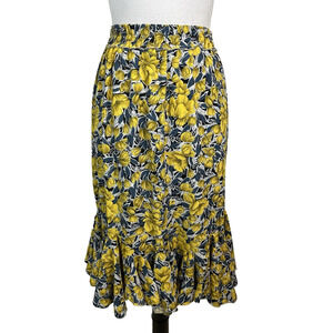 Yakira Bella Skirt sz Large Yellow Gray Floral Ruffles Knee A Line Cottage Core